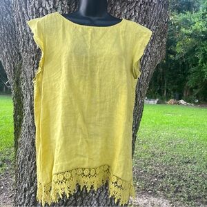 LINEN ITALIAN CAP SLEEVE LACE HEM LOOSE FIT LIME YELLOW GREEN TOP MEDIUM GUC